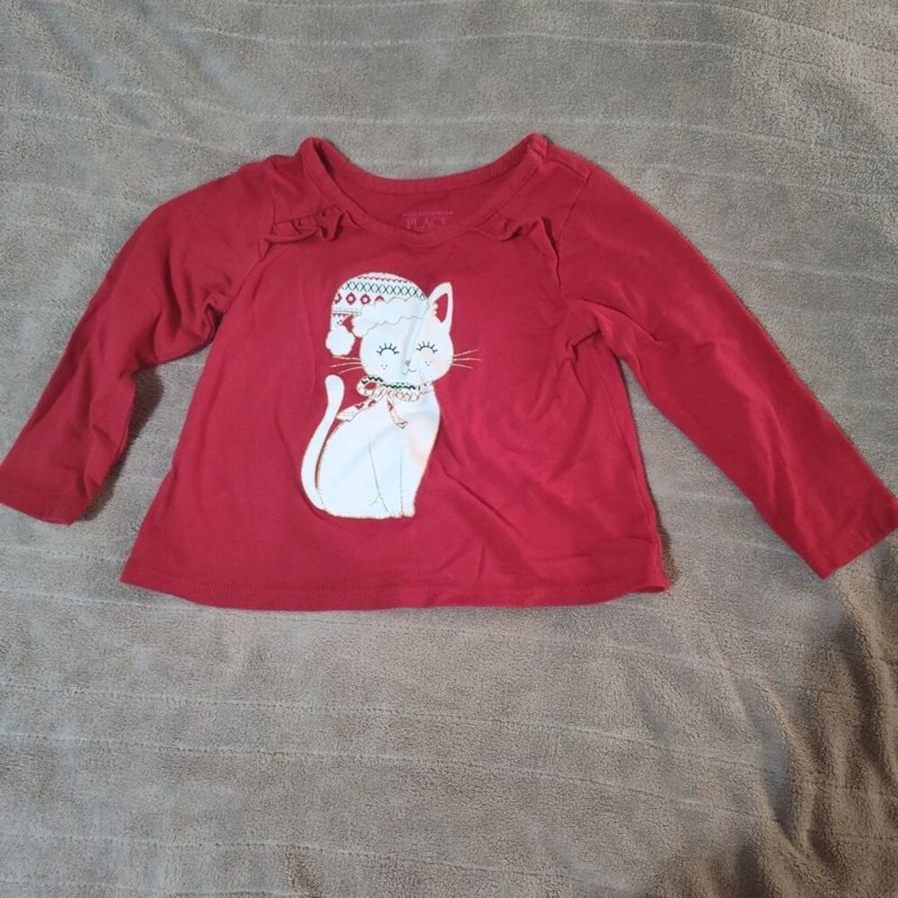 The Children's Place Red Christmas Kitty Shirt Baby Girl 12-18 months